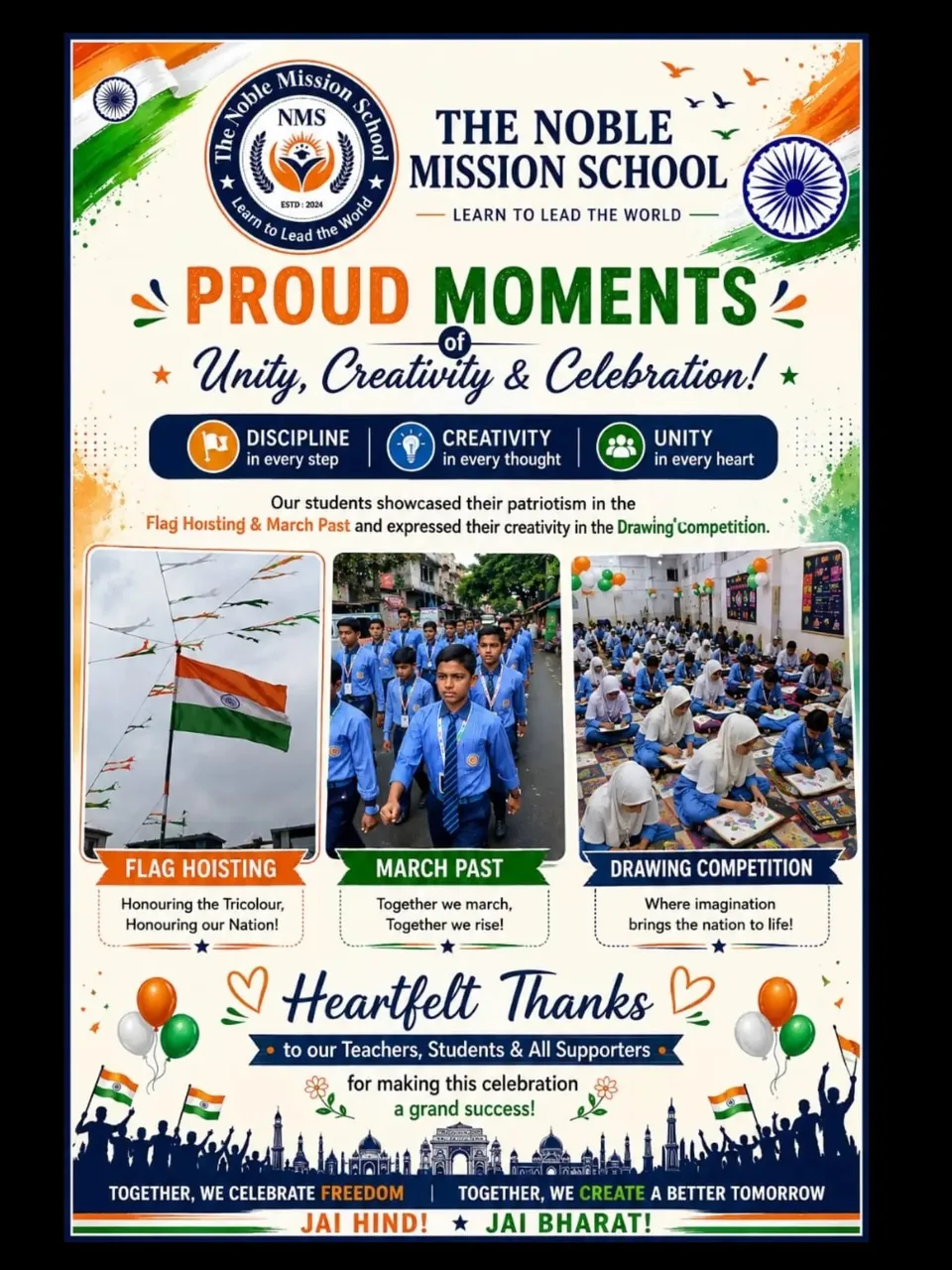 Collage of The Noble Mission School Independence Day celebration: flag hoisting, march past and drawing competition